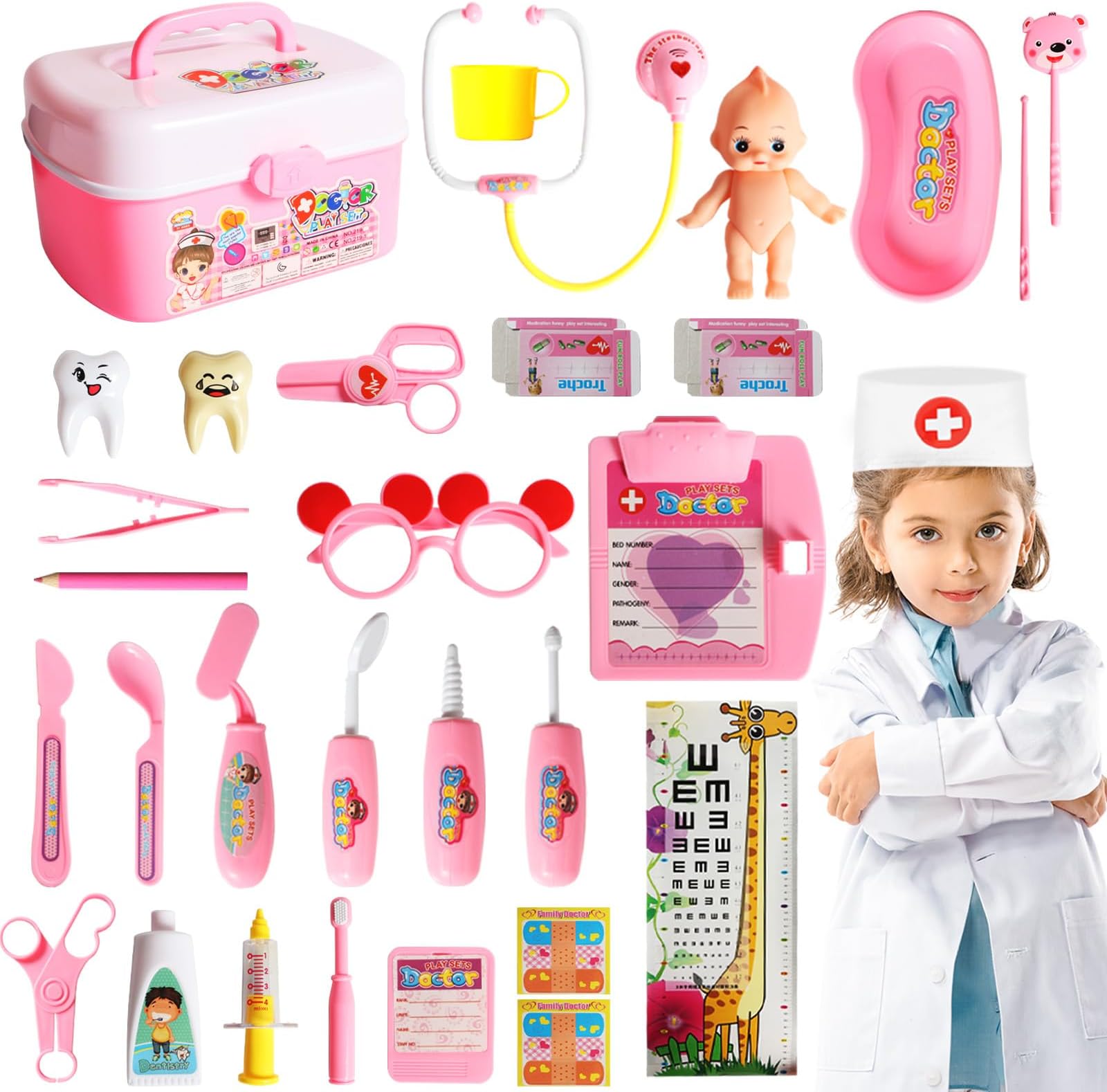 Doctor Kit for Kids, 40 Pieces Pretend Play Doctor Kit Toys, Pink Kids Doctor Playset with Roleplay Doctor Costume, Doctor Play Gift for 3+ Kids Toddlers