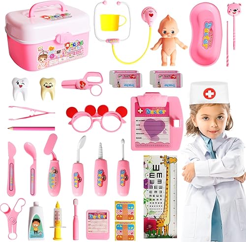 Kit de médico para niños, 40 piezas de juguetes de simulación, juego de médico rosa para niños con disfraz de médico, regalo de juego de doctor para