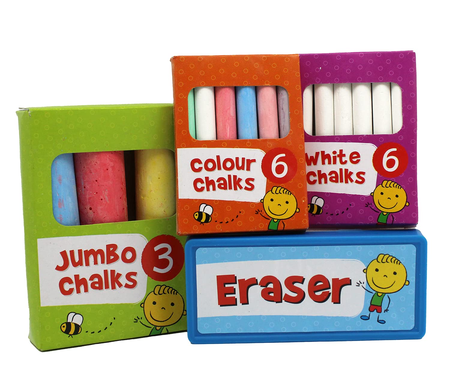Chalk and Eraser Set - 16 pieces Multi-Colour Chalks and Sponge Eraser Pack including Jumbo chalk - Chalk for blackboards with chalkboard eraser, Safe and Non-Toxic Chalk for Kids