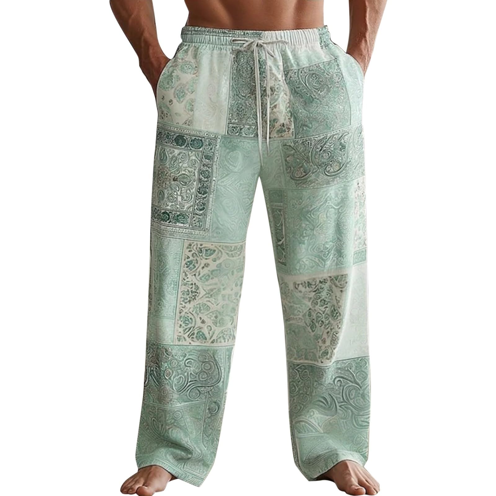 Mens Gothic Patchwork Cargo Trouser Cotton Linen Indian Festival Pants with Pockets Bandana Paisley Patchwork Gypsy Trousers Relaxed Fit Elastic Waist Leisure Streetwear Y2k Chill Open Hem Bottoms