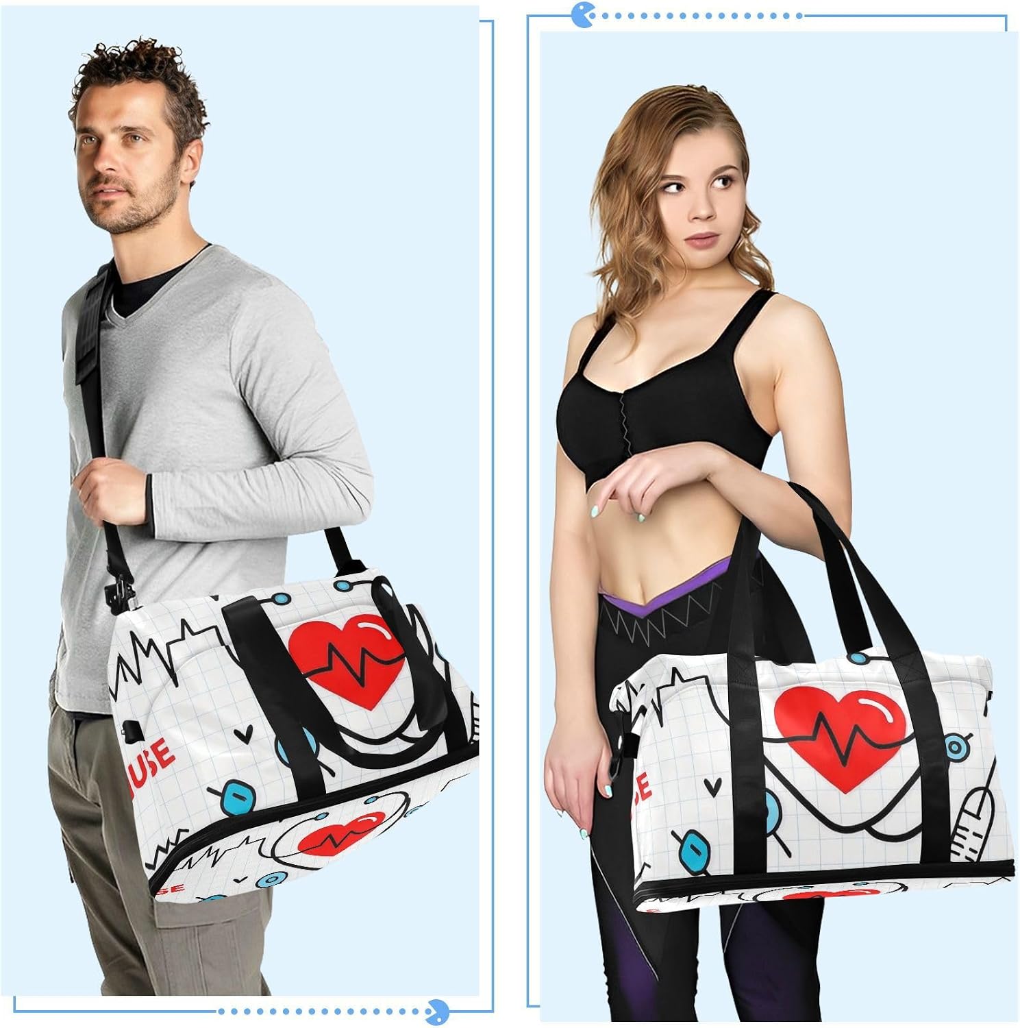 Nurse Elements Cartoon Gym Tote Bag Large Carry On Airport Bag with Toiletry Bag for Trip Foldable