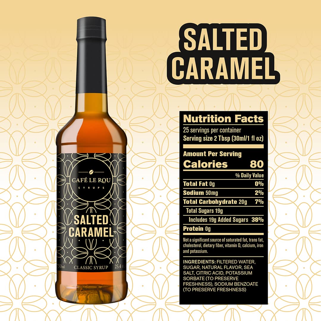 Café Le Rou Coffee Syrup Variety 5-Pack- 25.4 oz Vanilla, French Vanilla, Caramel, Salted Caramel, Hazelnut, *Includes 5 Syrup Pumps*, Flavoring Syrup for Coffee, Tea and Espresso