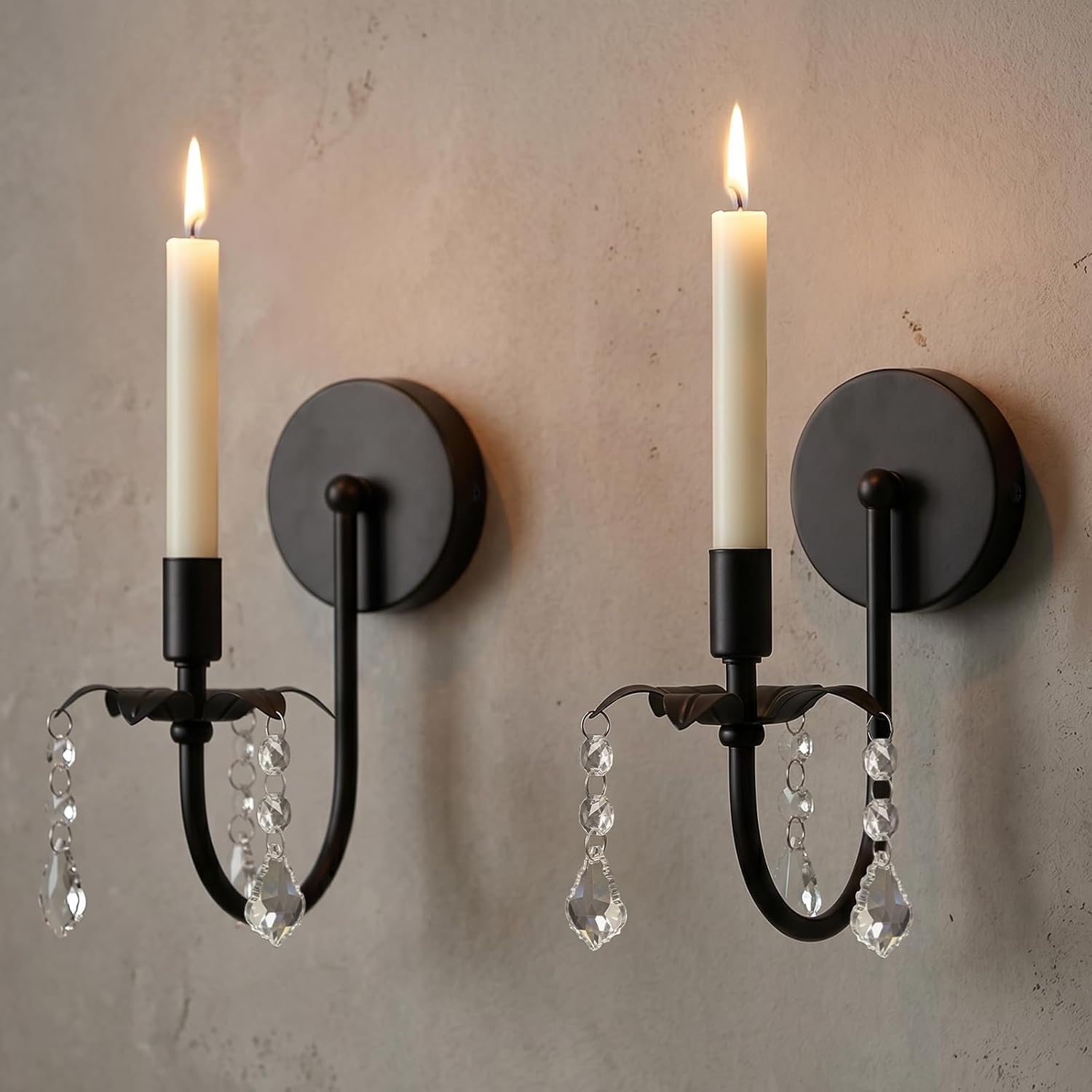 Wall Candle Sconces, Black Metal with Crystal Pendant, Set of 2, 8.7 Inch, Taper Candle Holder for Farmhouse, Living Room, Hallway Decor