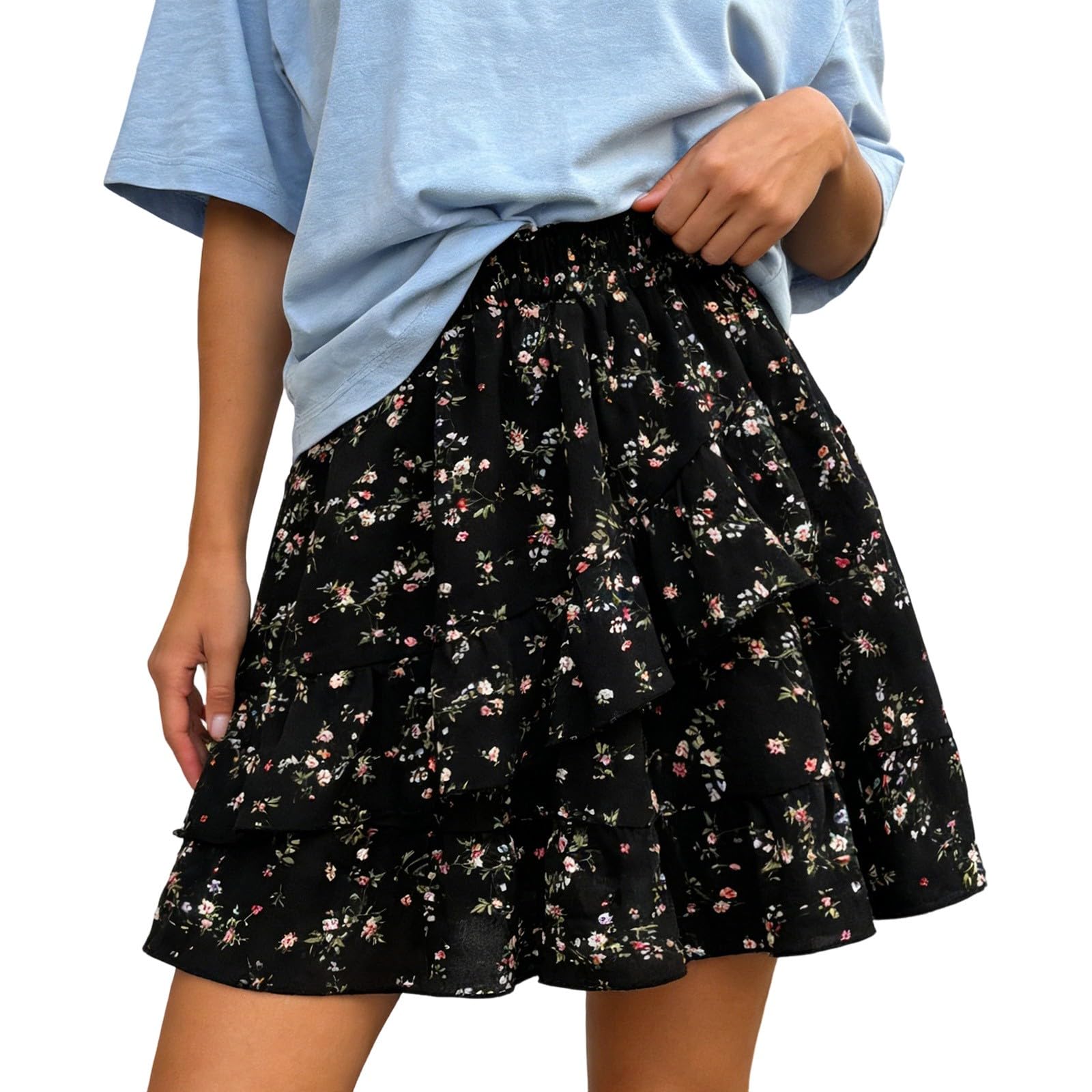 Jupe Boheme Femme Taille Élastique- Jupe Ete Imprimé Florale Évasé Volants Superposés Trapèze Chic Et Elegant Décontracté D'été Fluide Léger Comfortable Tous Les Jours De Plage Skirt