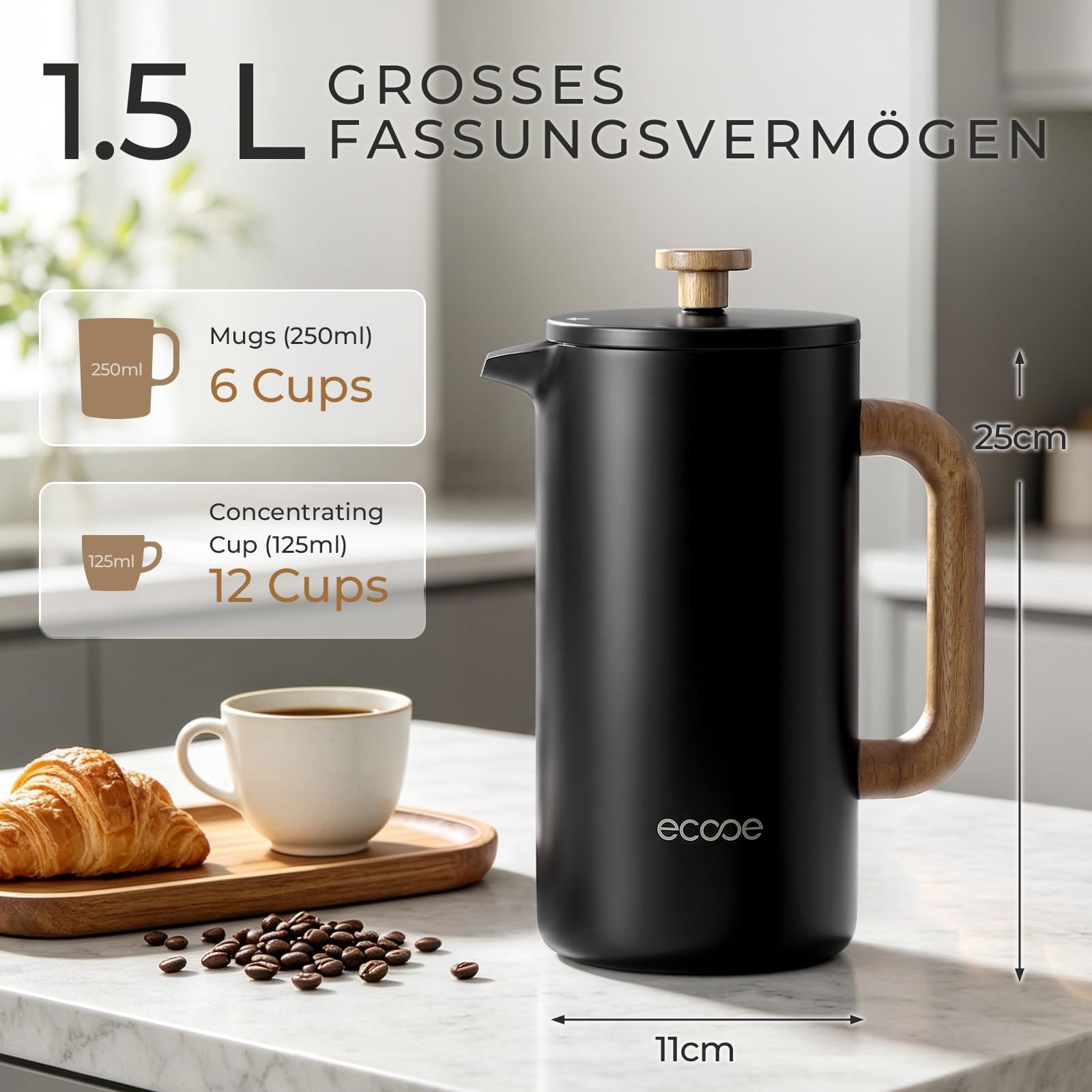 ecooe French Press 1,5 L ze Stali Nierdzewnej z Podwójnymi Ściankami (Czarny)