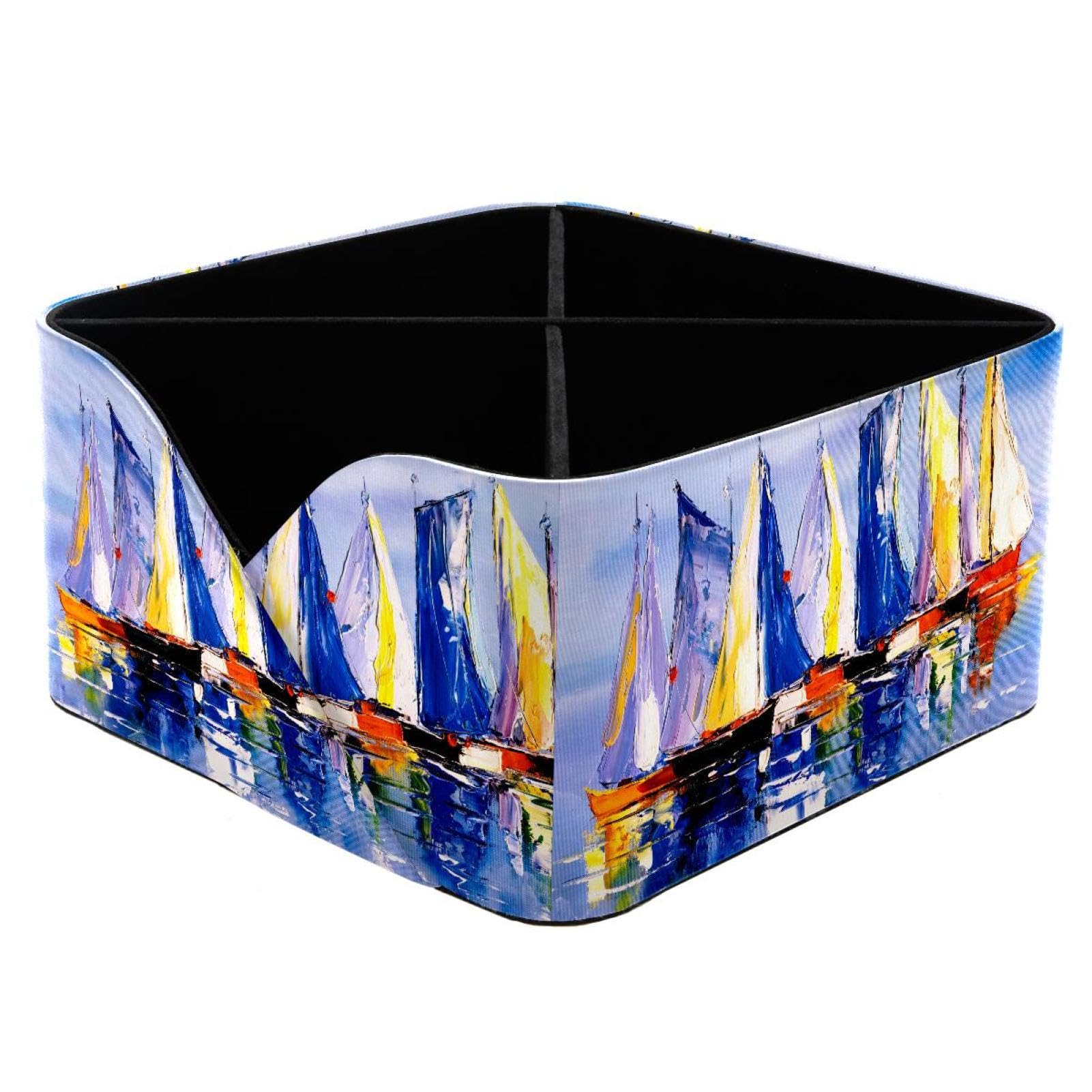 KengjuTesu Boat Oil Painting Desktop Organizer Pen Holder, Rectangular Pencil Cup for Office, Study and Makeup Stations