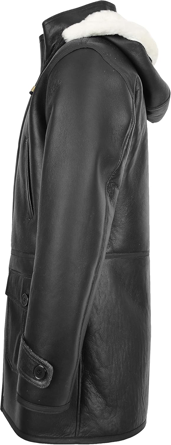 House of Leather Mens Real Sheepskin Duffle Hooded Coat 3/4 Length Shearling Vincent