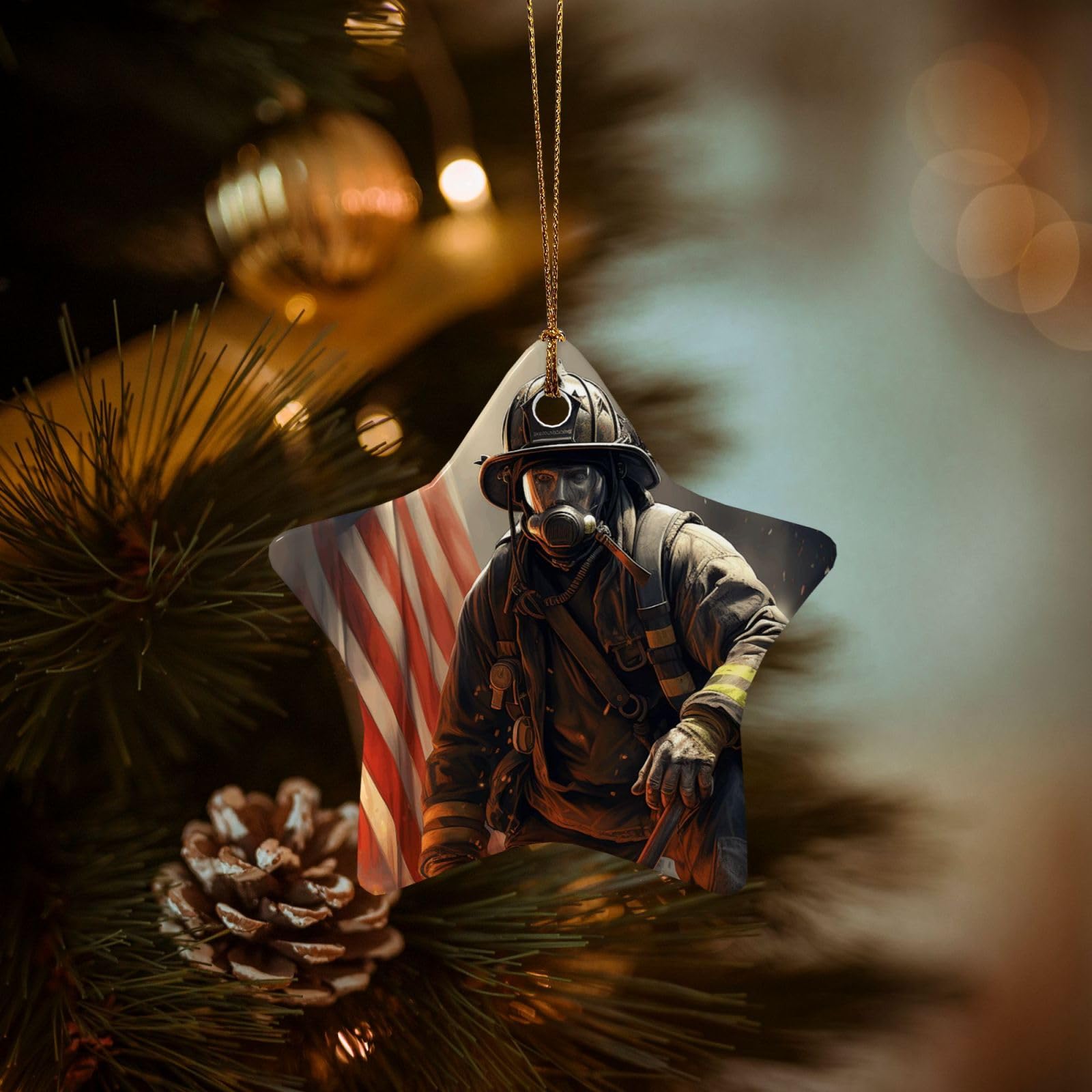Christmas Ornaments for Christmas Tree Decoration Hanging Patriotic Firefighter Ornament with Gold Ribbon Crafts Star Shape Ceramic Pendant for Keepsake Gifts Xmas Decor Party Supplies