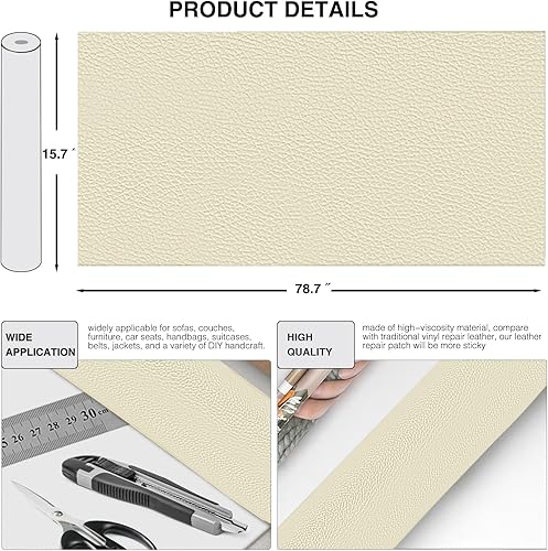 Miniatura 2 de Parche de reparación de cuero, parche de reparación de cuero autoadhesivo de tamaño grande de 15.7 x 78.7 pulgadas, kit de reparación de cuero para