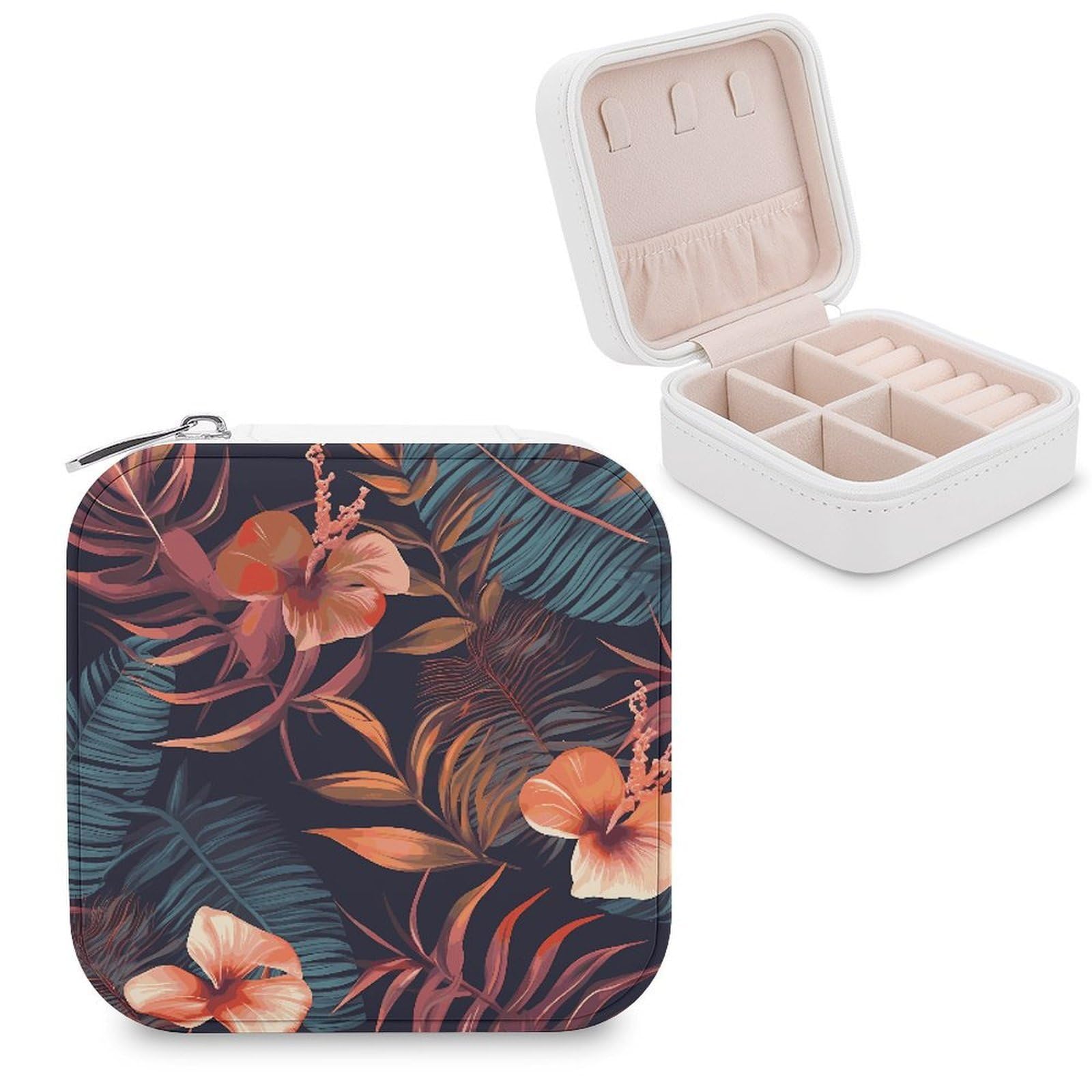 MUSM Tropical Flower Travel Jewelry Case Personalized PU Leather Jewelry Boxes for Women Small Portable Jewelry Organizer Box Cute Trinket Box for Necklaces Rings Earrings & Gifts