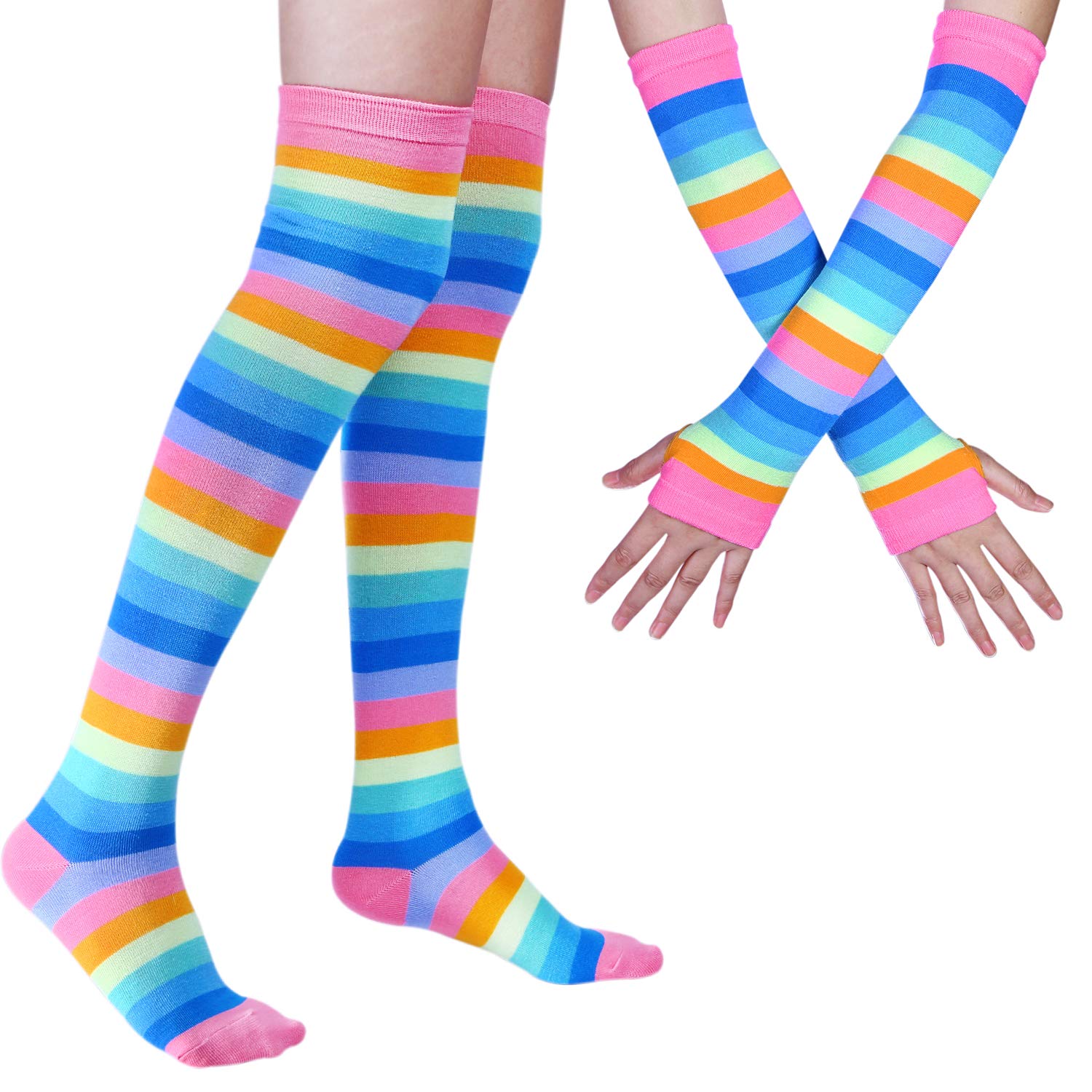 Womens Rainbow Socks Striped Knee High Socks Arm Warmer Fingerless Gloves Set