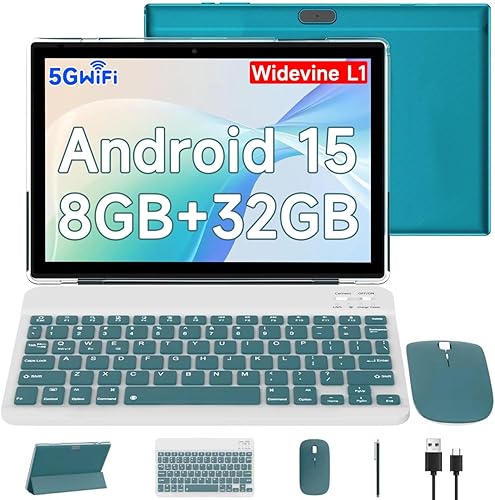 Vista 9 de Tablet Android 15 de 10 pulgadas, tabletas 2 en 1 con teclado/ratón/estuche/lápiz capacitivo, 8 GB de RAM+64 GB de ROM/1 TB Expandir Tableta