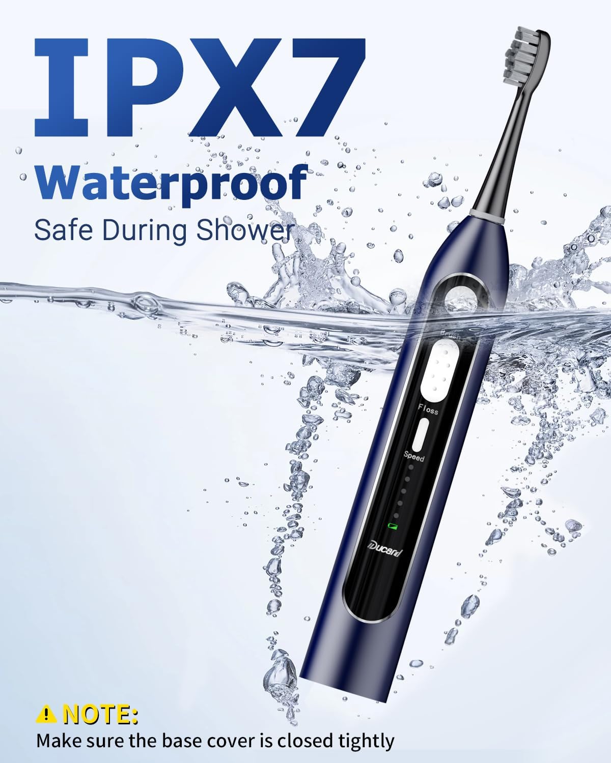 Image showing the Ducard Electric Toothbrush submerged in water, demonstrating its IPX7 waterproof rating for safe use in the shower, with a note to ensure the base cover is closed tightly.