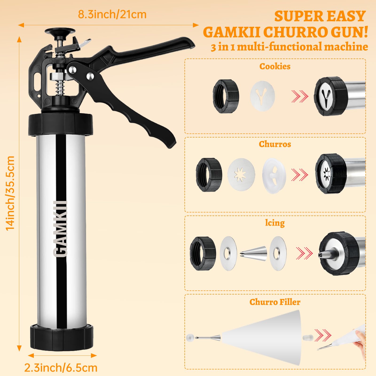 Churro Maker Macchina Stailness Acciaio Churrro Gun Kit con 4 Fette per Churro Cavo, 5 Cookies Discs, 6 Icing Piping Nozzle, 2 Spazzole Pulite per Torta Dessert DIY Maker Cookie Presse