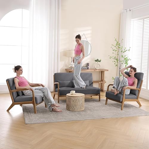 Miniatura 7 de INZOY - Sillón decorativo de mediados de siglo con estructura de madera, tapizados, para sala de estar, con cojín para la cintura, sillón de lectura