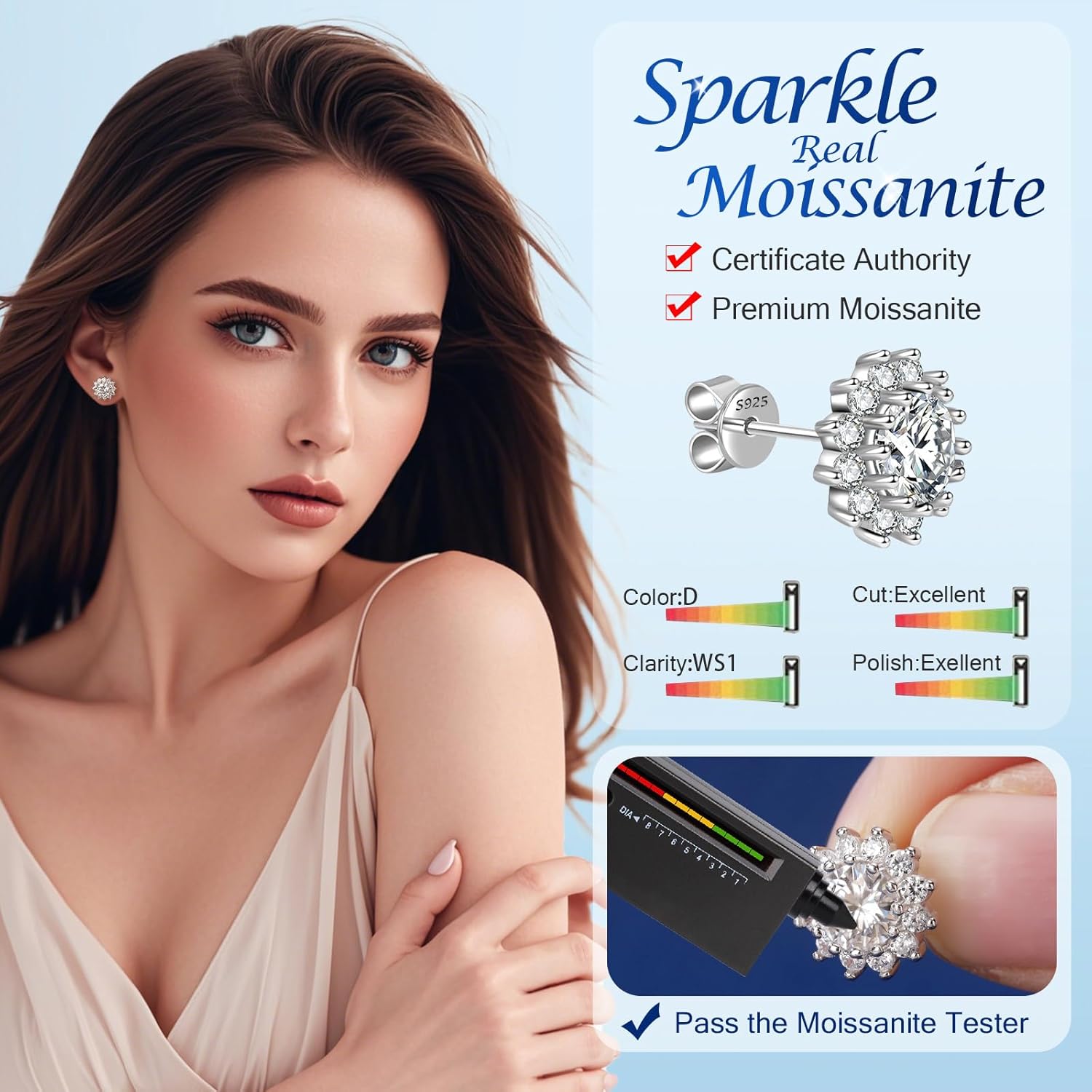 1-4CT Moissanite Stud Earrings, Sunflower D Color Ideal Cut 925 Sterling Silver Earrings for Women with Certificate of Authenticity - Image 2