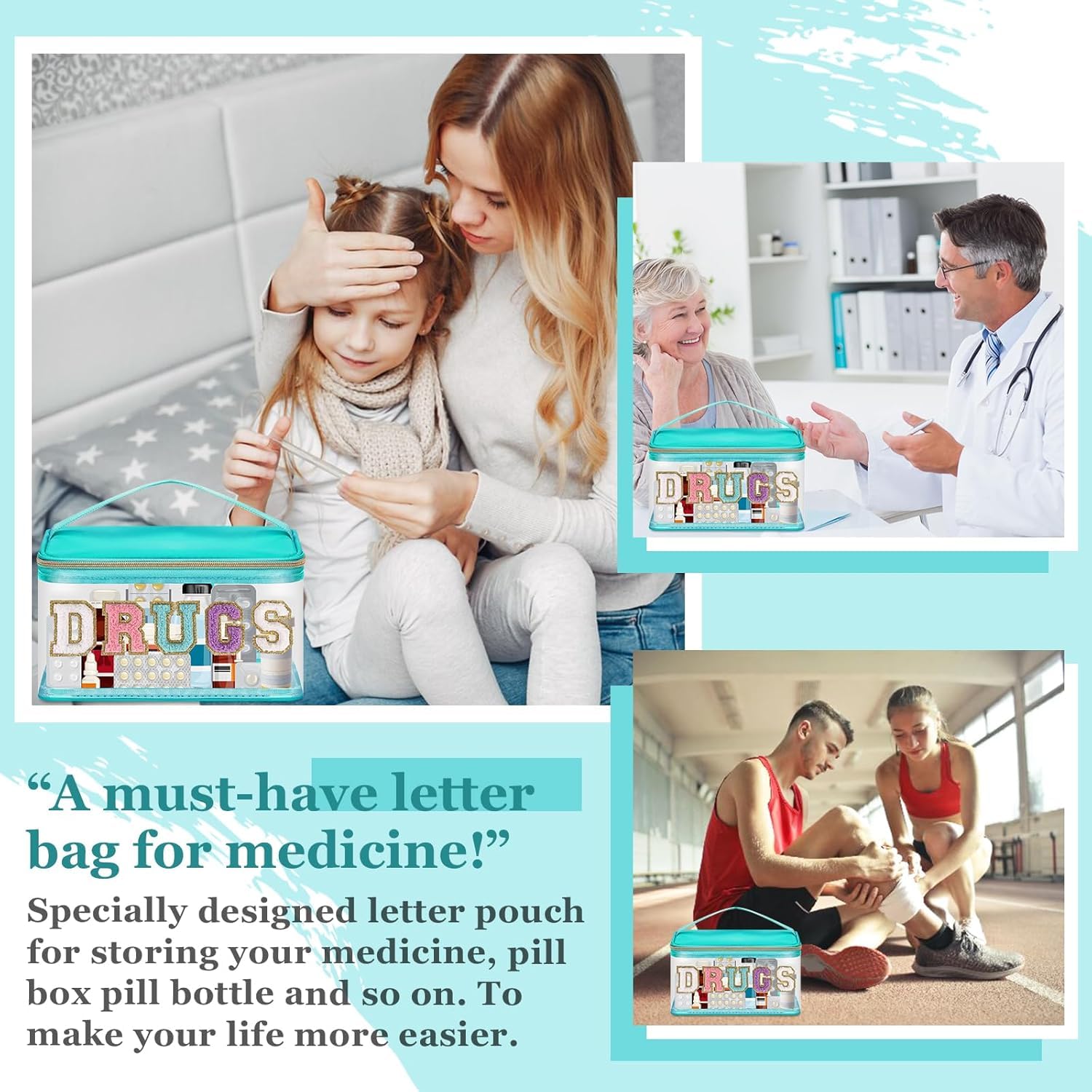 Bolsa de Aseo de PVC, Bolsa de cosméticos Transparente con Letras de Chenilla, Bolsa de Maquillaje Transparente, Bolsa Grande con Cremallera for Medicina de Viaje, Nailon Multicolor