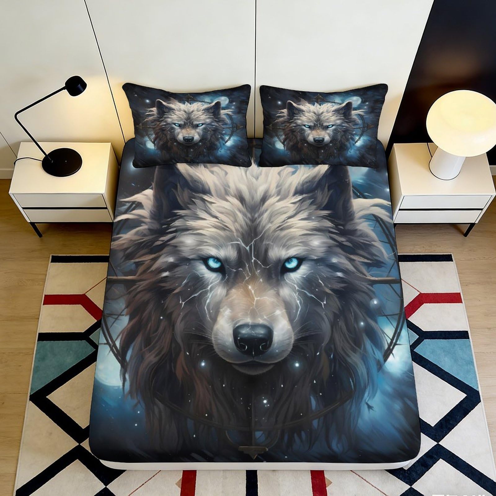 3D Printed Wolf Fantasy Fitted Sheet Microfiber Soft Breathable Moonlight Mattress Cover for Bedroom Guest Room Decor 116 200x200x25cm