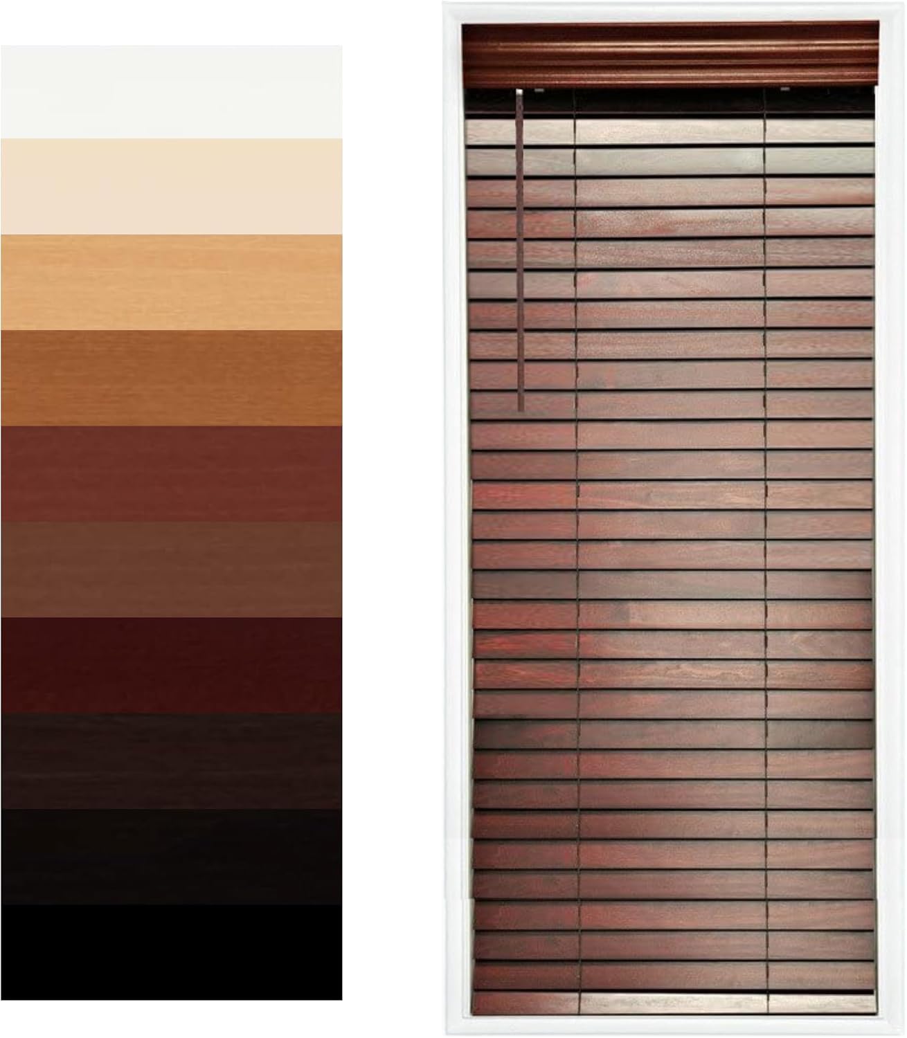 TailorView Customizable Wood Horizontal Cordless Window Blind - 2 Inch Slat - Mahogany, Outside or Inside Mount.
