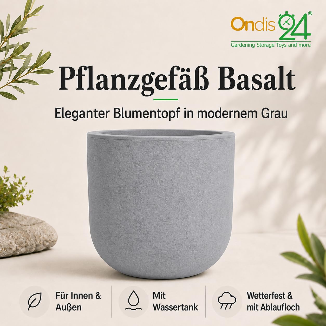 Ondis24 Pflanzgefäß, Blumenkübel Basalt Grau 50cm