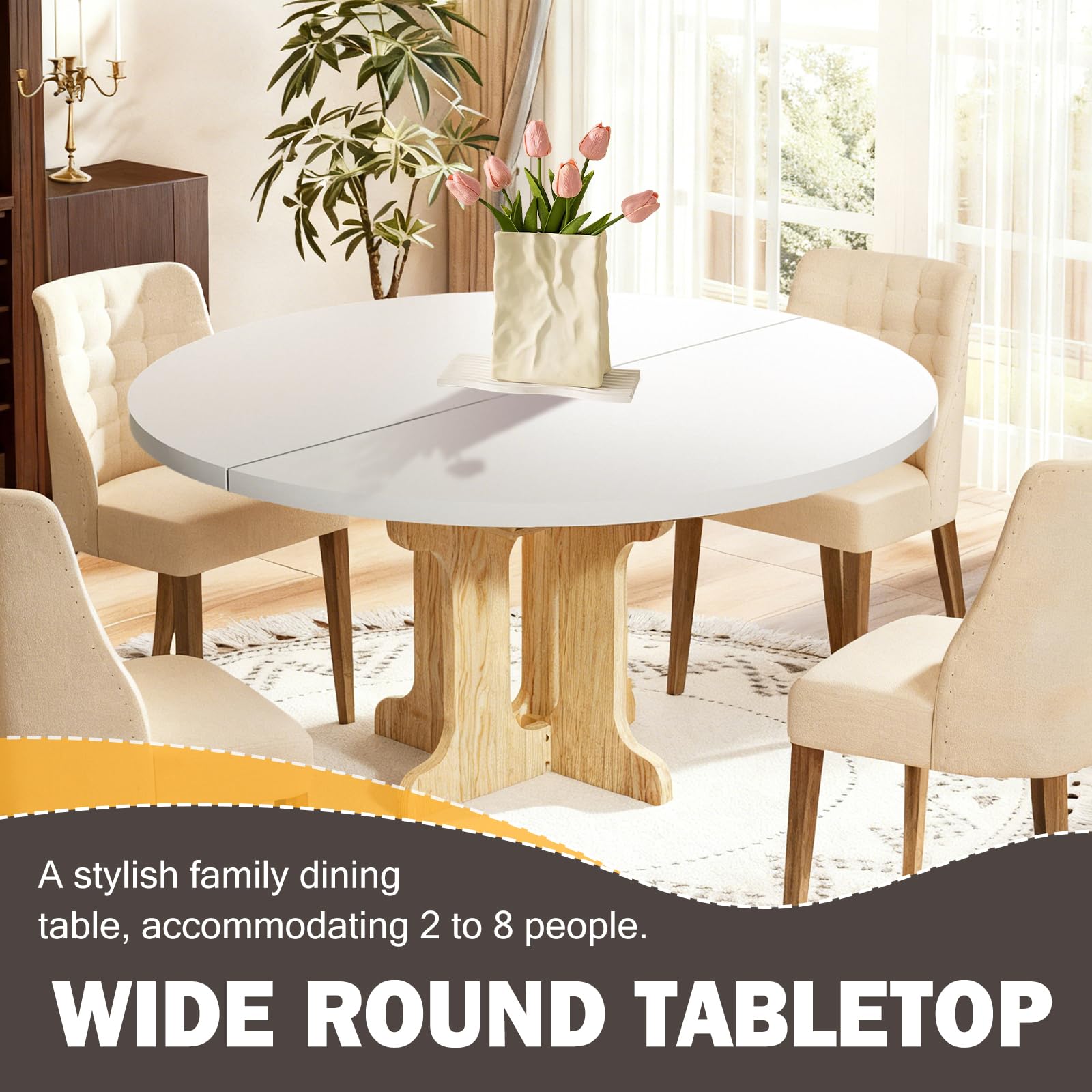 Tavolo da pranzo rotondo allungabile 90-120 cm, moderno per 2-8 persone, tavolo da cucina ovale con robusto telaio a colonna, salvaspazio, per cucina e sala da pranzo (bianco)