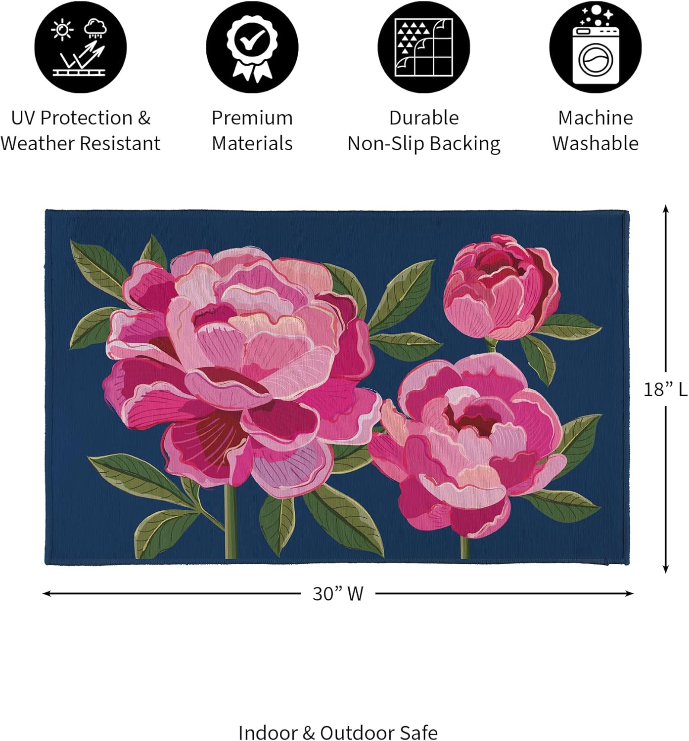 Evergreen Flag Peony Garden Washable Door Mat for Front Door Entrance Outdoor and Indoor, 30"x18" Non-Slip Floor Mats for Entryway Kitchen Bedroom