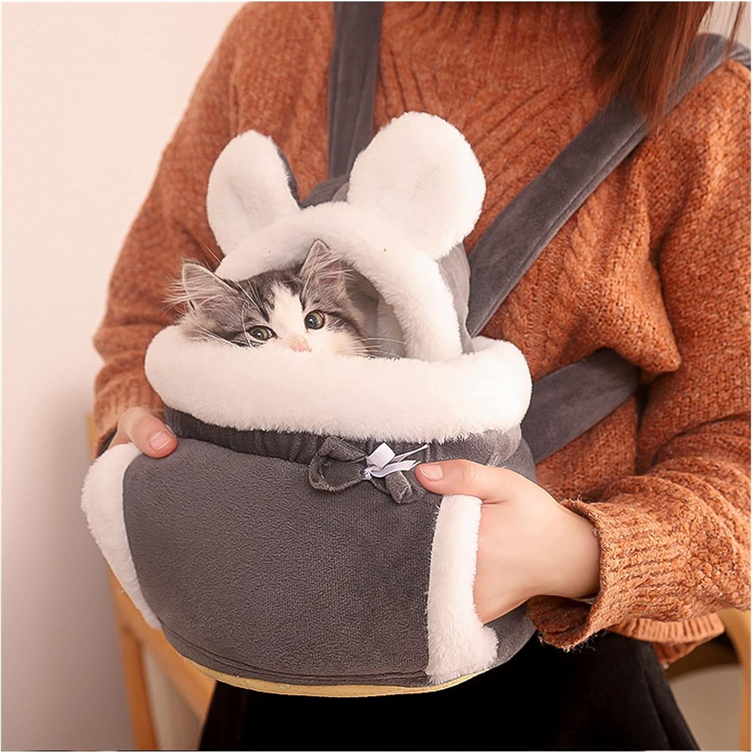Warm Pet Carrier Bag Small Cat Dogs Backpack Winter Plush Pets Cage for Outdoor Travel Pet Hanging Chest Bags 6kg Load-Bearing (Color : Grey, Size : Large)