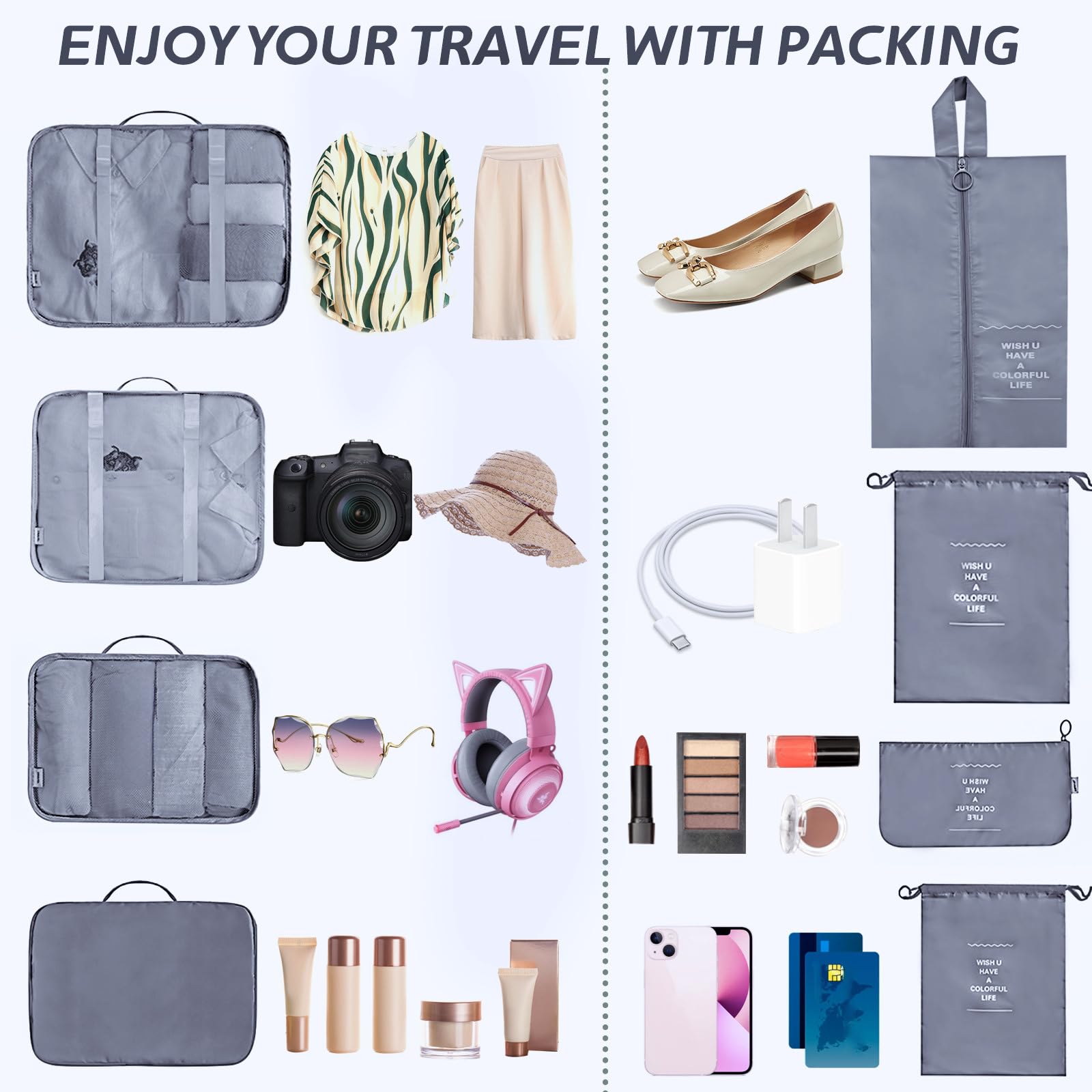 Set Organizer Valigie Viaggio 8 Pezzi, Cubi di Imballaggio Impermeabili, Organizer Valigia per Vestiti Scarpe Cosmetici Intimo, Borse da Viaggio Grigio