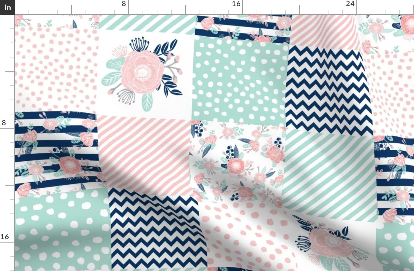 Spoonflower Fabric - Preppy Cheater Quilt Floral Wholecloth Chevron Pink Aqua Mint Topper Printed on Organic Cotton Sateen Fabric by The Yard - Sewing Quilting Apparel Home Decor