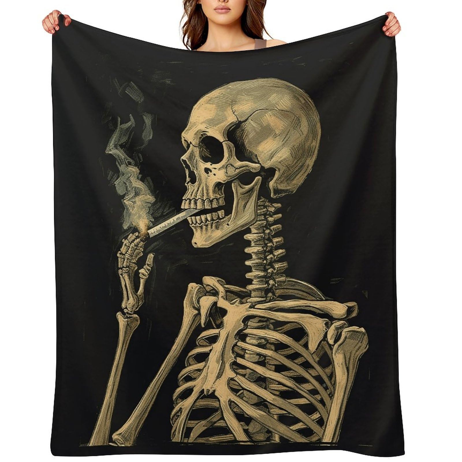 A Skeleton with Burning Cigarette Throw Blanket for Couch and Bed Super Soft Warm Lightweight Throw Blankets Cozy Fuzzy Flannel Blanket Personalized Decorative Blankets for Sofa Decor 50"x60"