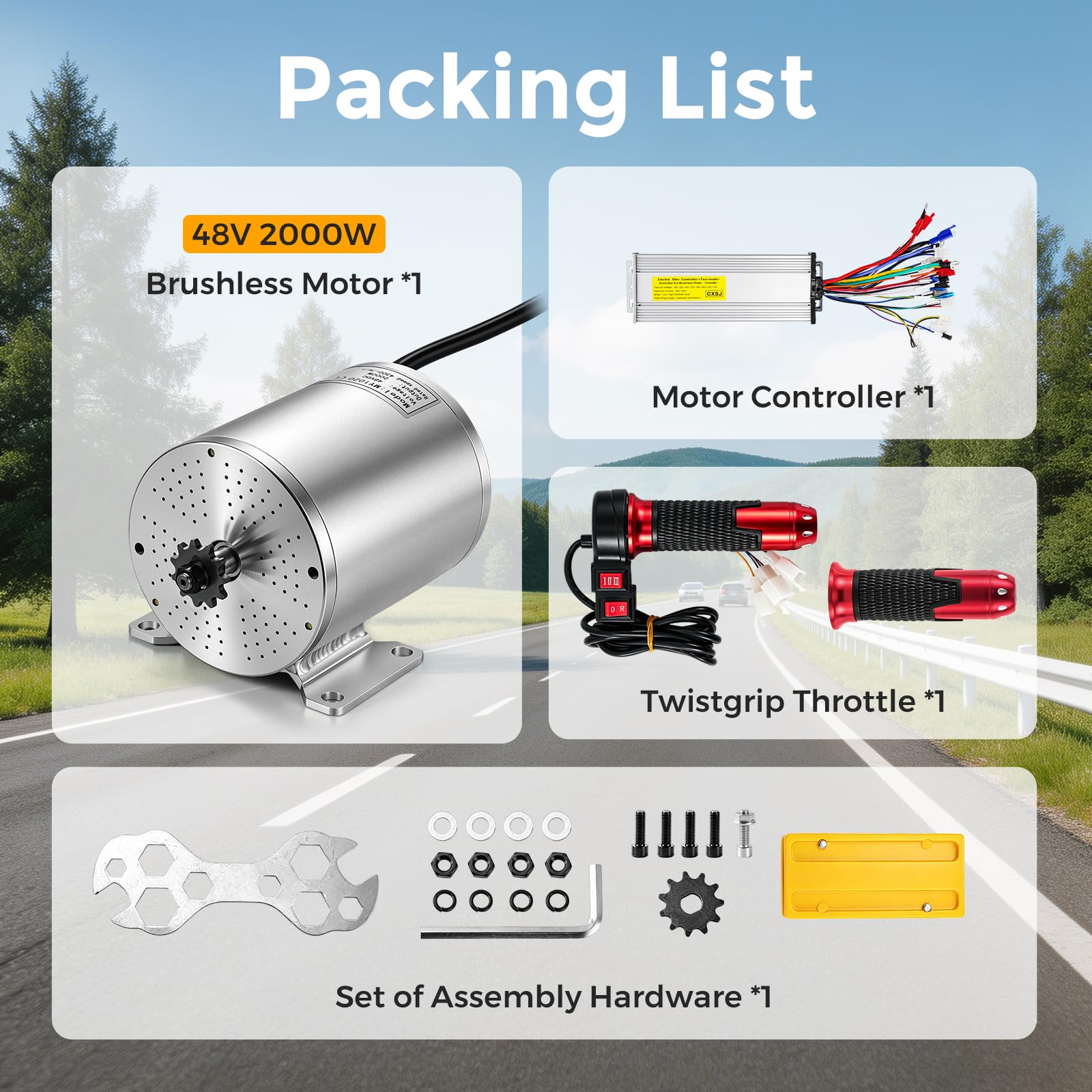 Bonvoisin Kit de Motor Eléctrico sin Escobillas de CC 48V 2000W 4300RPM | .Motor DC Brushless 48V 2000W, 5,1 N·m, Controlador 15 Mosfet Con Sensor Hall, Freno Eléctrico & Interruptor 3 Velocidades
