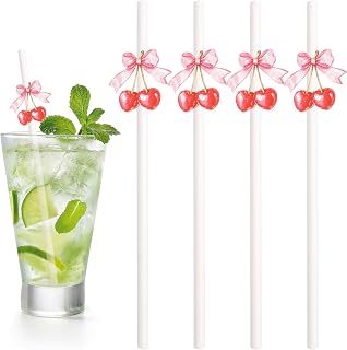 20 Pcs Cherry Bow Striped Paper Straws,Disposable Fruit Straws for Drinks,Striped Cocktail Straw for Milkshake Colorful Paper Straw for Beach Party Decorations Lemonade Stand Supplies