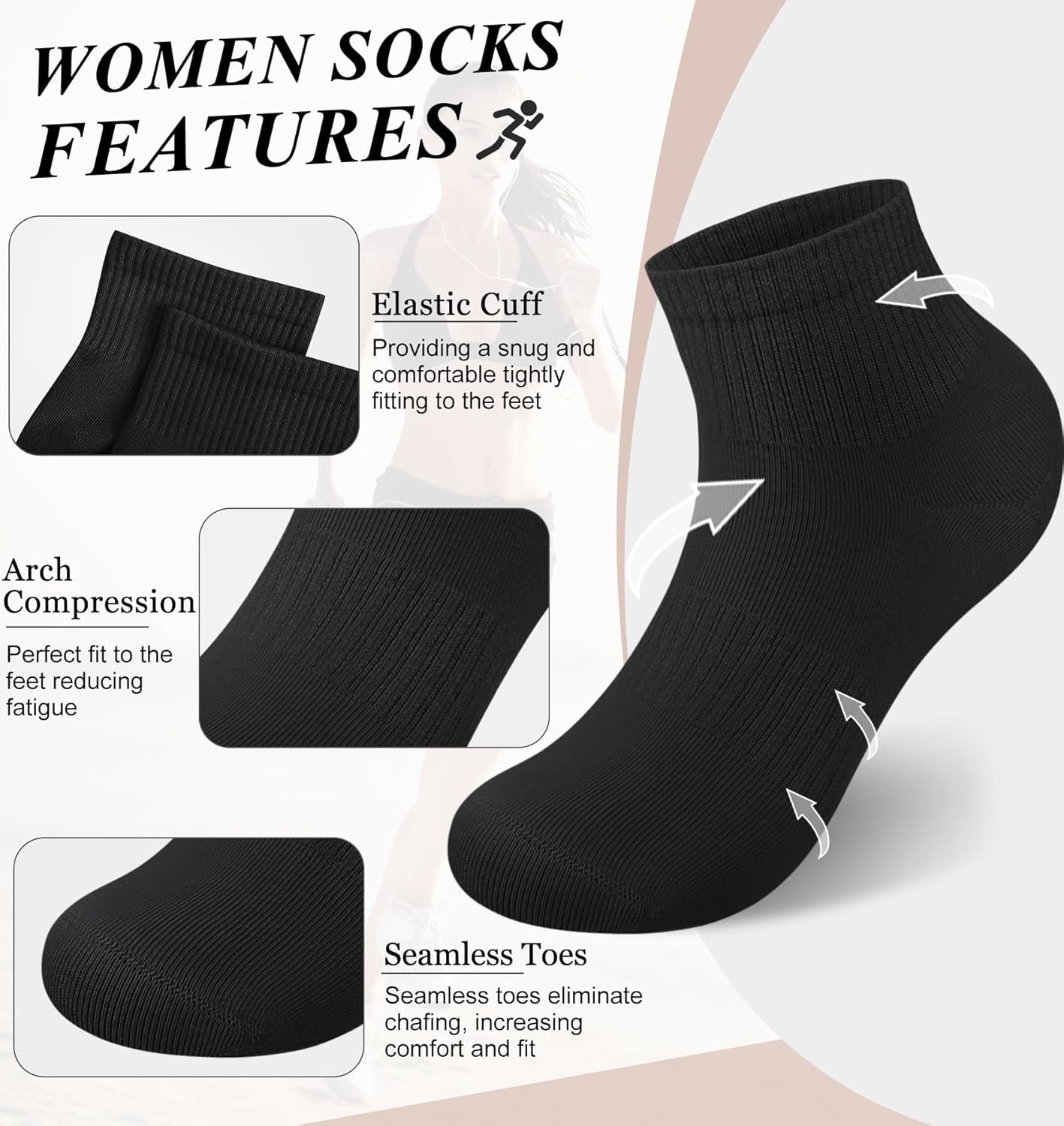 YSense 10 Pairs Womens Ankle Socks, Cotton Crew Gym Athletic Running Quarter Socks Women Men - Image 2