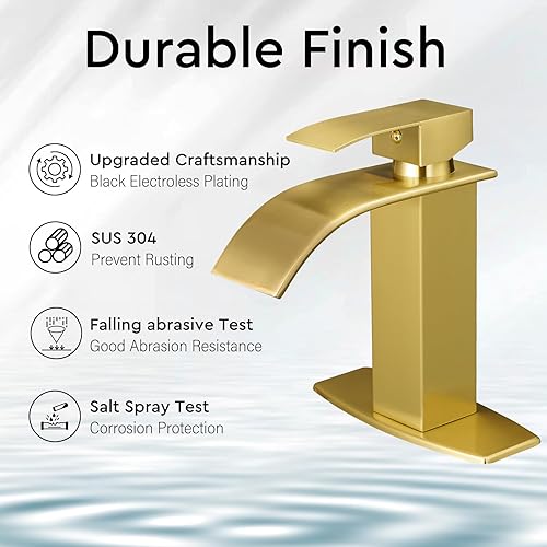 Miniatura 7 de BESy Grifos de baño de cascada de oro cepillado, grifo de lavabo de baño de una sola manija, grifo de tocador de 1 agujero Rv placa de cubierta de 3