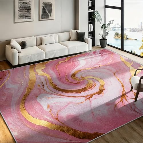 6x8ft Area Rug Washable Low Pile Rose Gold Pink Abstract