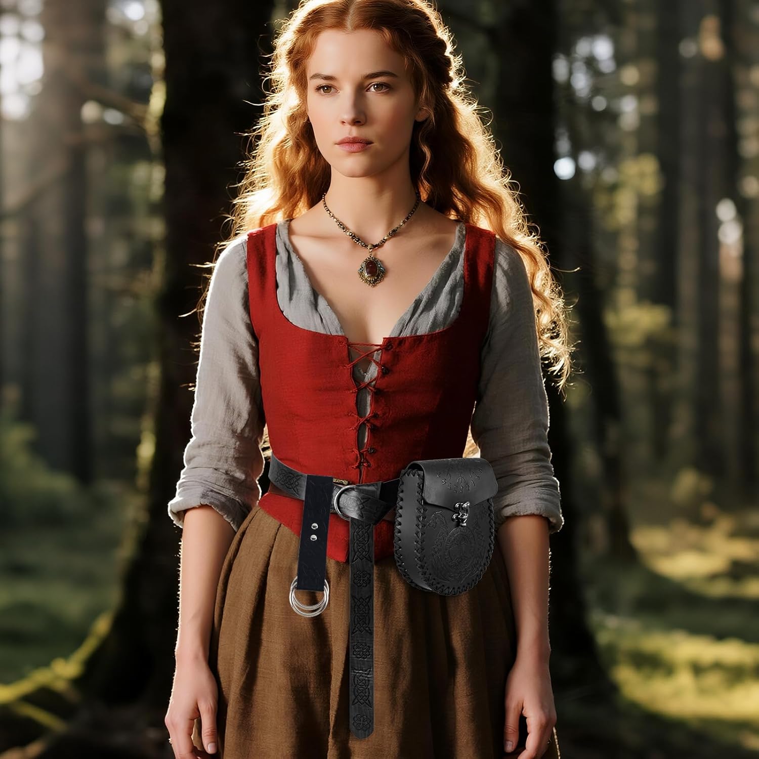 Nordic Embossed Belt Pouch Retro Vintage Portable Waist Bag Renaissance Belts Set Medieval Side Pack for Cosplay Accessories(Black) - Image 2