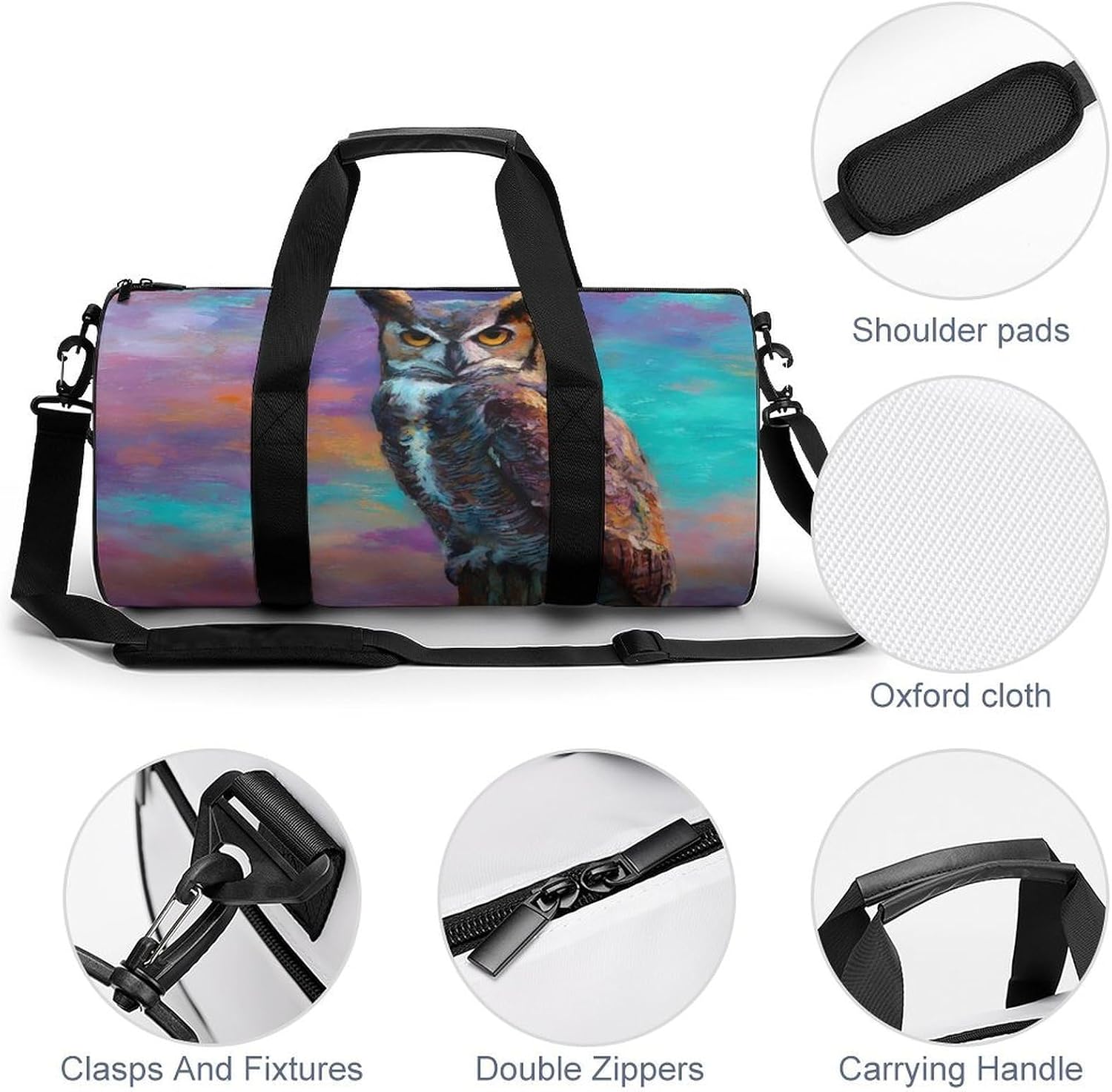 Owl Perched Colorful Sky Travel Duffle Gym Bag Carry Weekender for Fitness Workout Outdoor image 5