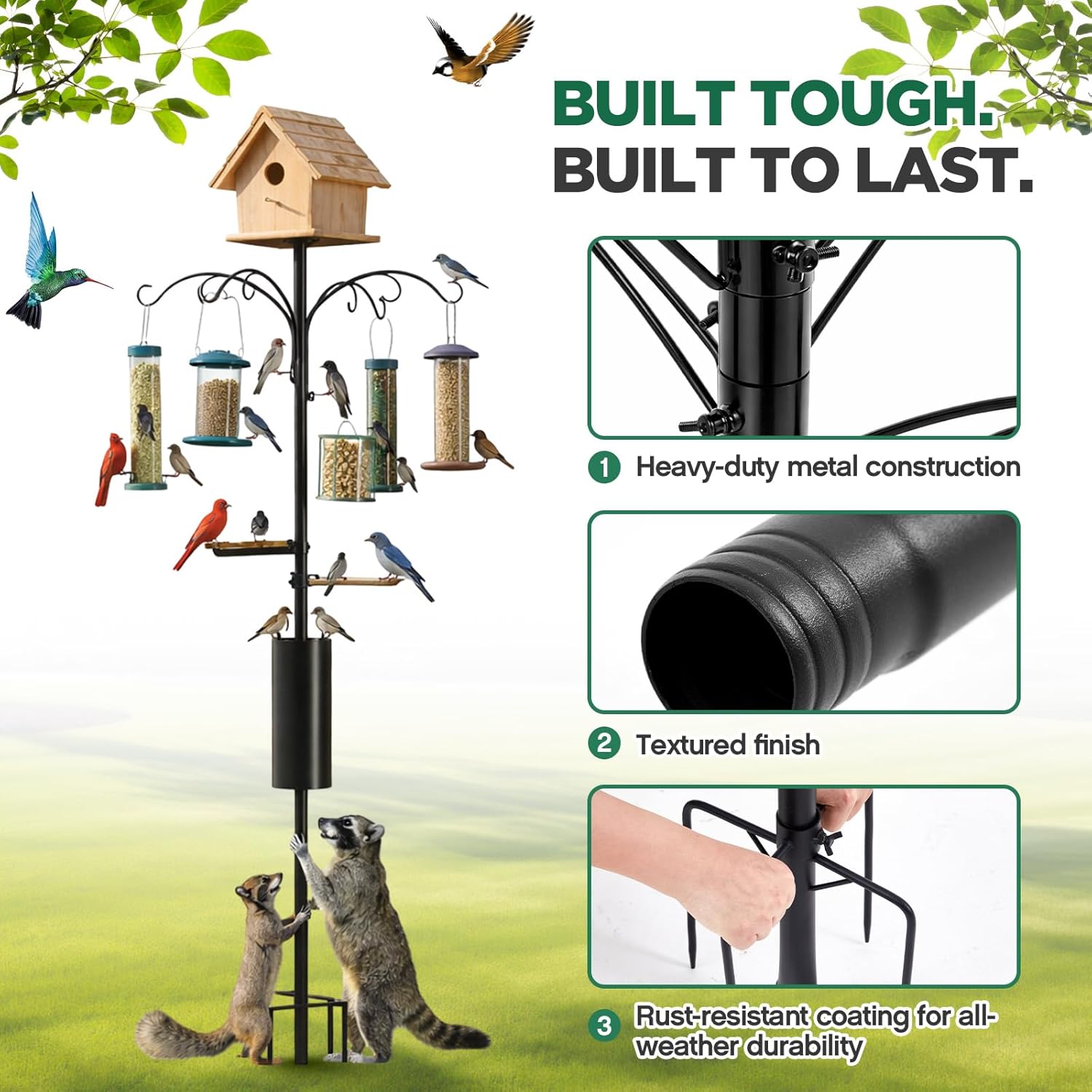 Yaocom 9.8ft Raccoon Proof Bird Feeder Pole with 18 Inch Arms Squirrel Baffle Heavy Duty Backyard Feeding System Supports up to 25 Lbs for Garden Bird Lovers, Compatible with Brome Feeders