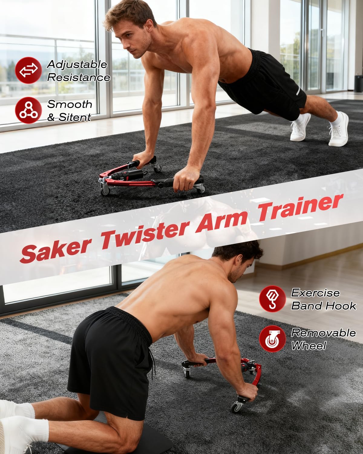 Saker Twister Arm Trainer, 3-in-1 Hydraulic Chest Workout Equipment with Ab Roller Wheel, Adjustable 22-440lbs Arm Trainer for Men & Women, Home Gym for Full Body Training