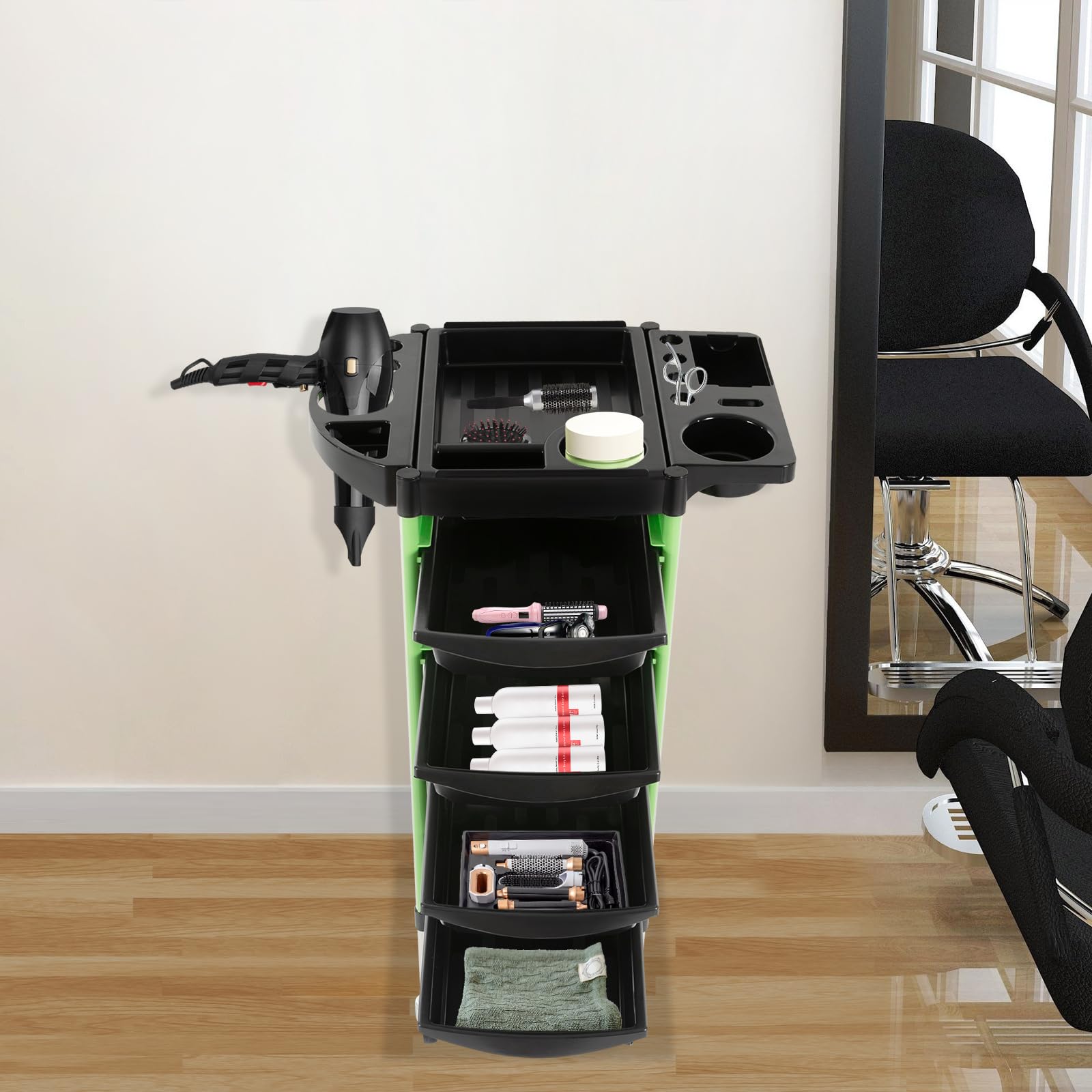 Carrello da parrucchiere con 4 cassetti e ruote, per salone, carrello da lavoro, trolley da parrucchiere (verde)