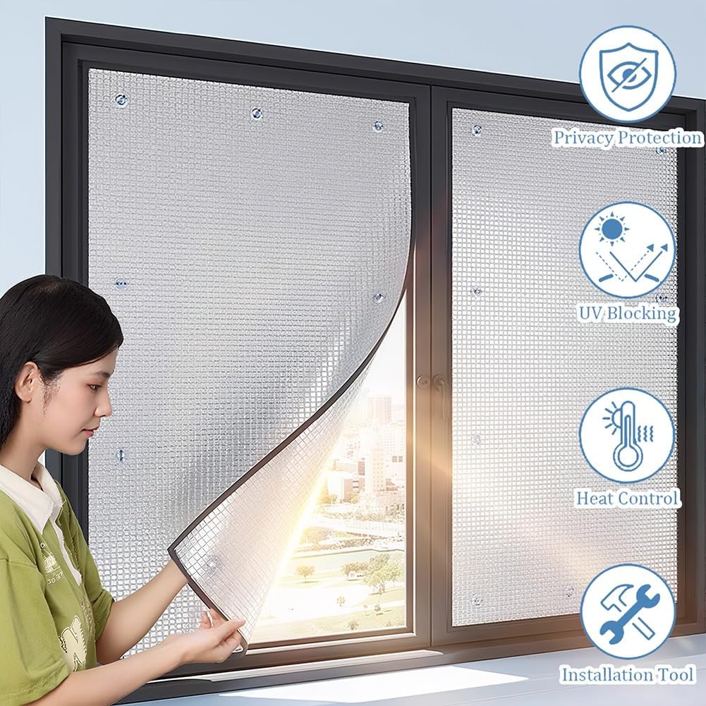 Blackout Privacy Window Film Sun Roof Reflective Film Aluminum Foil Insulation Film with Suction Cup, Sun Protection Window Tint Heat Control Glass Film Cooling Window Sticker(31.5x63in)