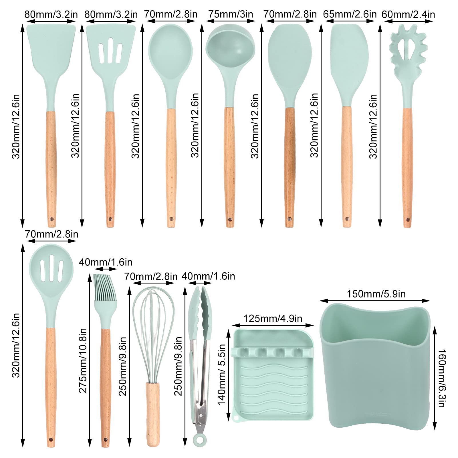 Set di Utensili da Cucina in Silicone da 13 Pezzi Set di cucchiai per spatola con Manico in Legno con Supporto per la Cucina di casa(Verde Chiaro)