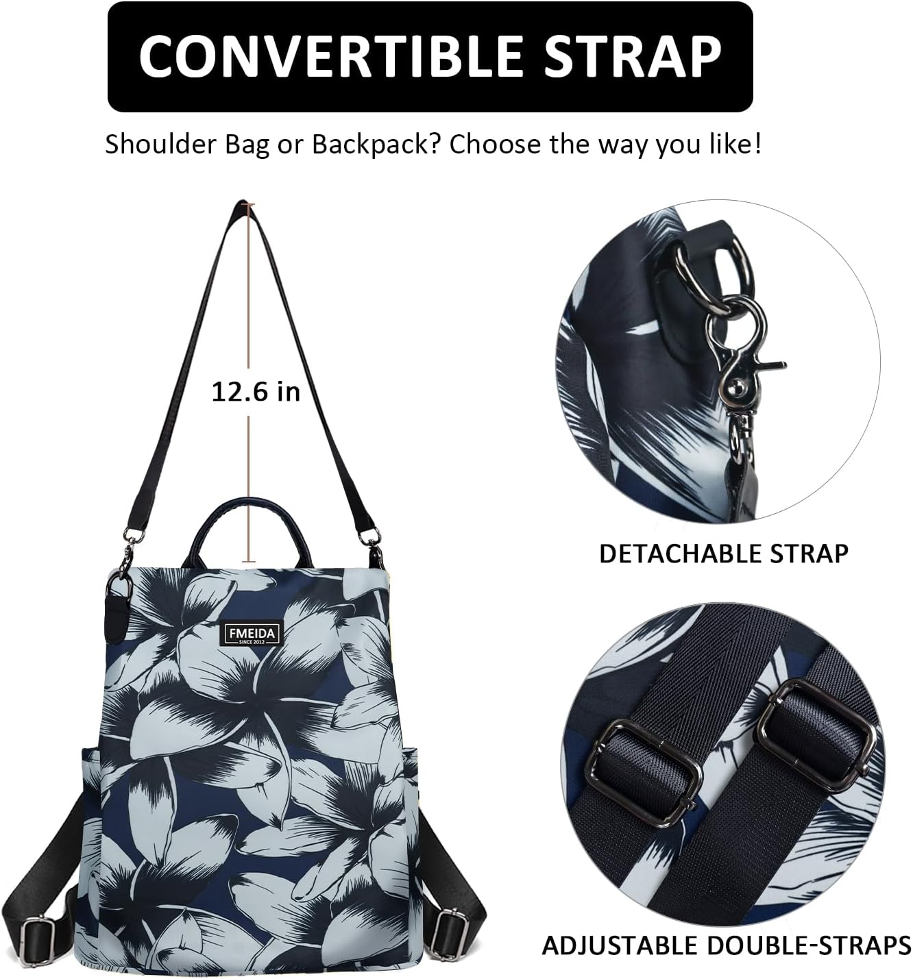 Fmeida Backpack Purse for Women Anti Theft Travel Backpacks Waterproof Convertible Daypack Ink Flowers - Image 6