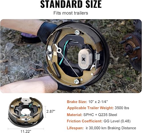Miniatura 15 de VEVOR Conjunto de freno de remolque eléctrico, 10 x 2-1/4 pulgadas, 1 par de frenos eléctricos autoajustables para eje de 3500 libras, montaje de 4