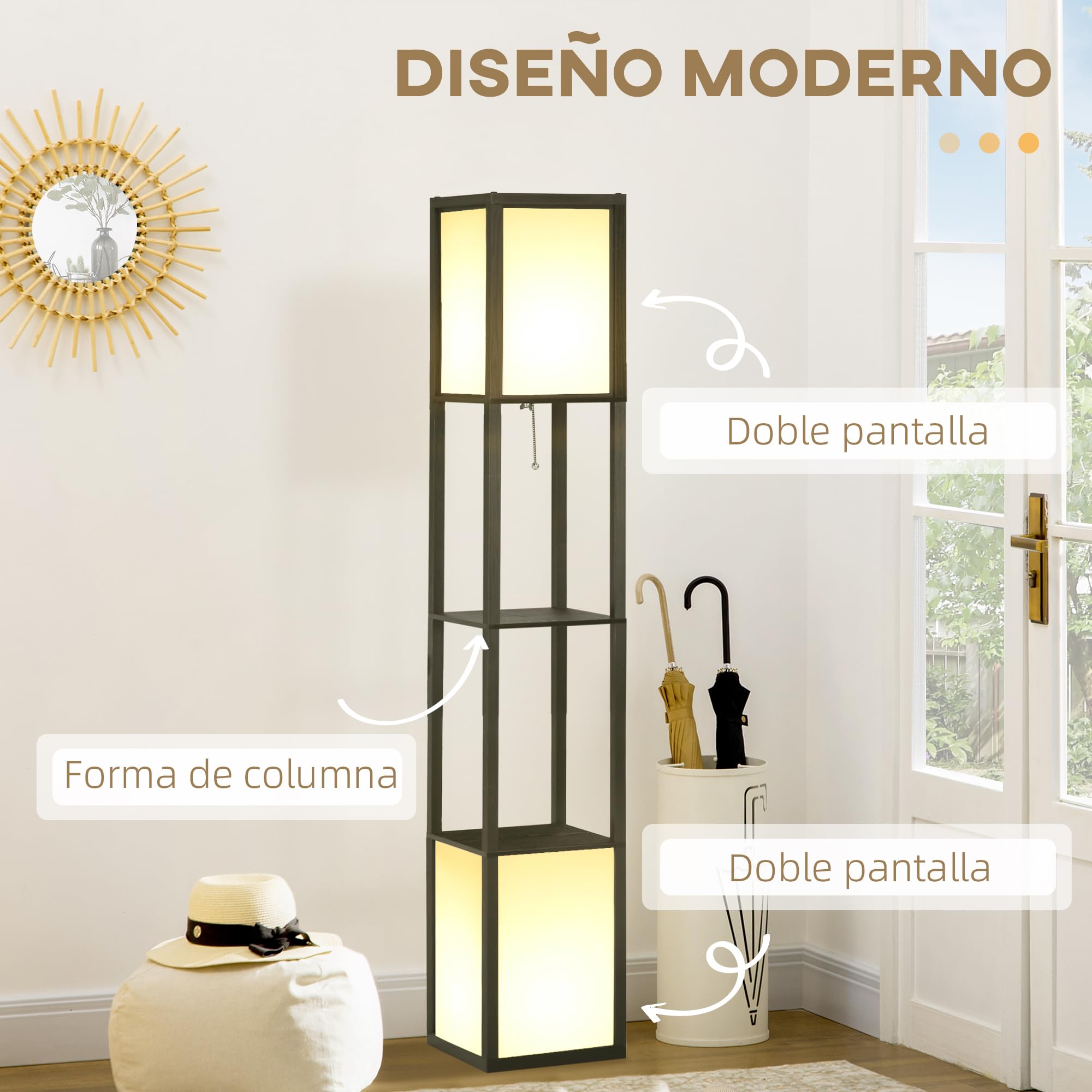 HOMCOM Lámpara de Pie de Madera con Estante de Almacenaje para Bombilla E27 Potencia Máx. 40W Lámpara Moderna para Salón Dormitorio 26x26x156 cm Negro y Blanco
