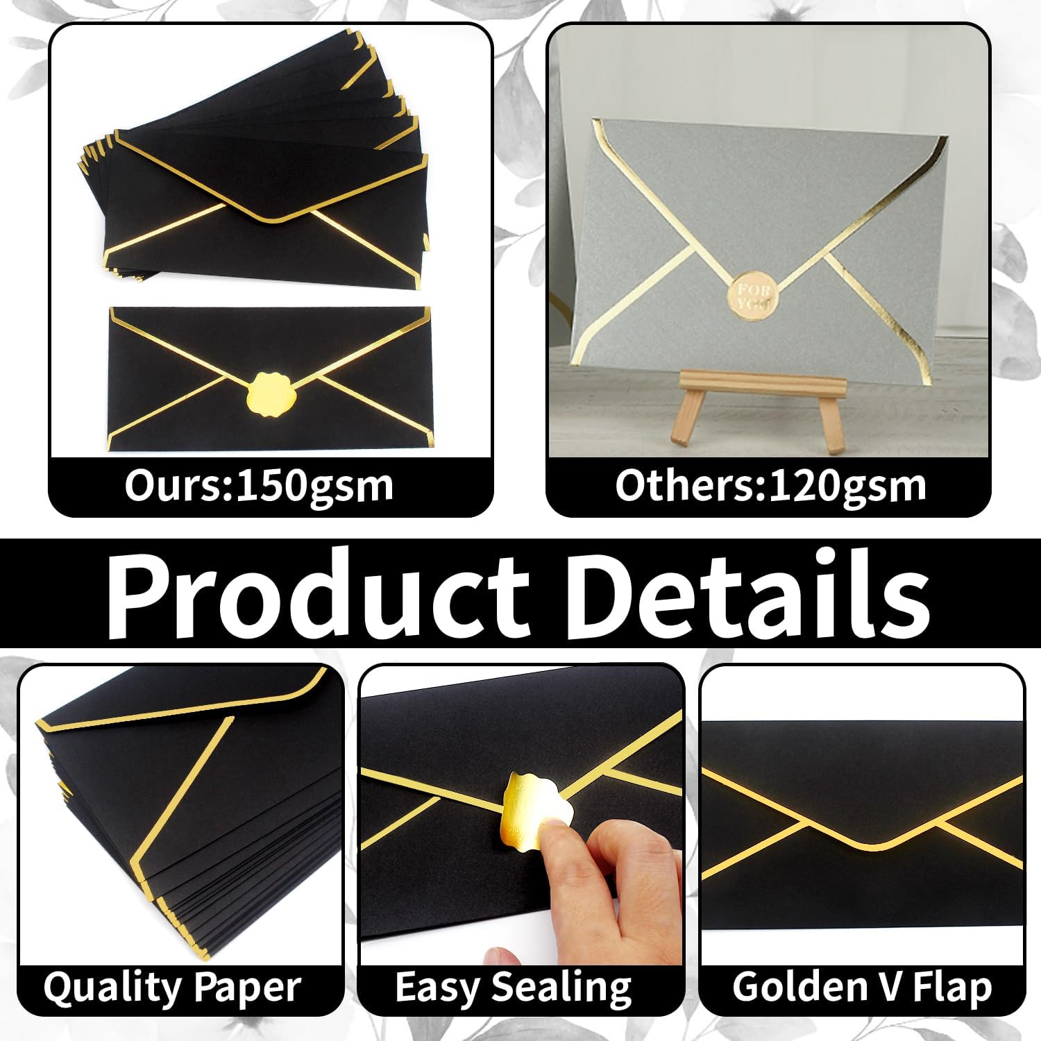 Business Envelopes with V-Flap,Gold Border 30 Pack #10 Envelopes Made of 150gsm Paper, Standard Envelopes with Gold Stickers for Office, Checks, Letter Mailing,9.45 x 4.13 Inches (Black) - Image 3