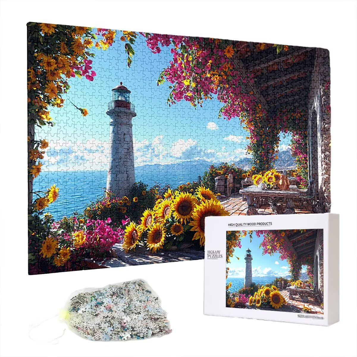 Puzzle 2000 elementów, latarnia morska, słonecznik, puzzle dla dorosłych, drewniane puzzle dla dorosłych, wymagająca łamigłówka, gra logiczna dla całej rodziny, drewniane puzzle, dekoracja salonu