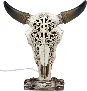 Ebros 12.5" Tall Southwest Aged Bone Tooled Filigree Lace Design Steer Bison Buffalo Bull Cow Horned Skull Head Night Light Lamp Centerpiece Side Table Decor Statue Skulls Western Accent Lighting