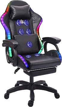 Ergonomic Professional Gaming Chair, Gaming Chair with Massage, Speaker, LED Light, and Footrest, Comfortable Computer Recline with Headrest and Lumbar Support.,Black
