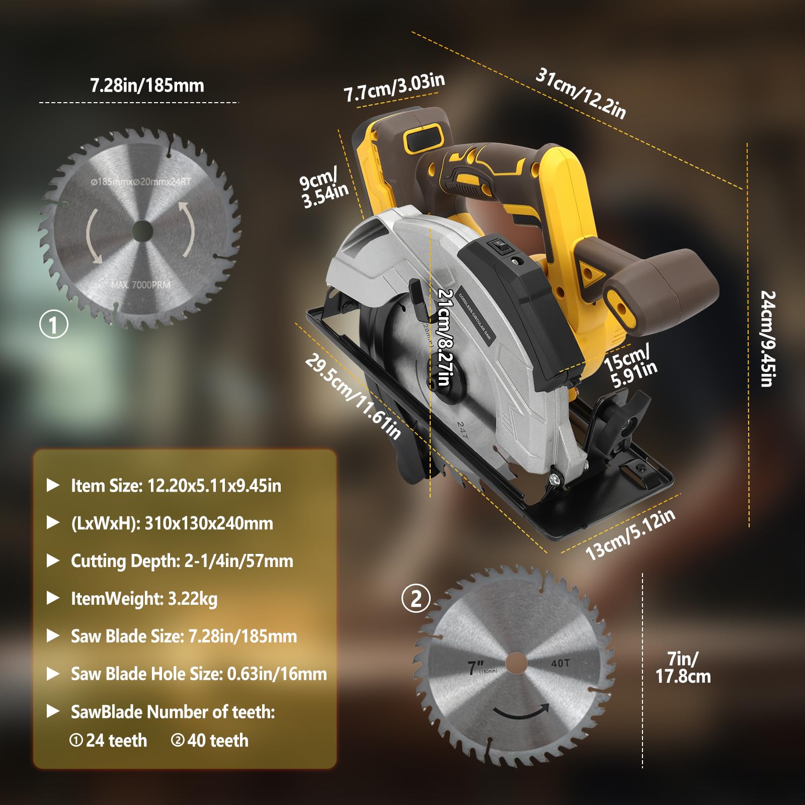 Sierra circular inalámbrica compatible con batería Dewalt 18/20V, sierra circular eléctrica de 7-1/4", con 2 hojas, 5000RPM sin escobillas, bisel de 0-45°, para corte de madera, azulejos, metal